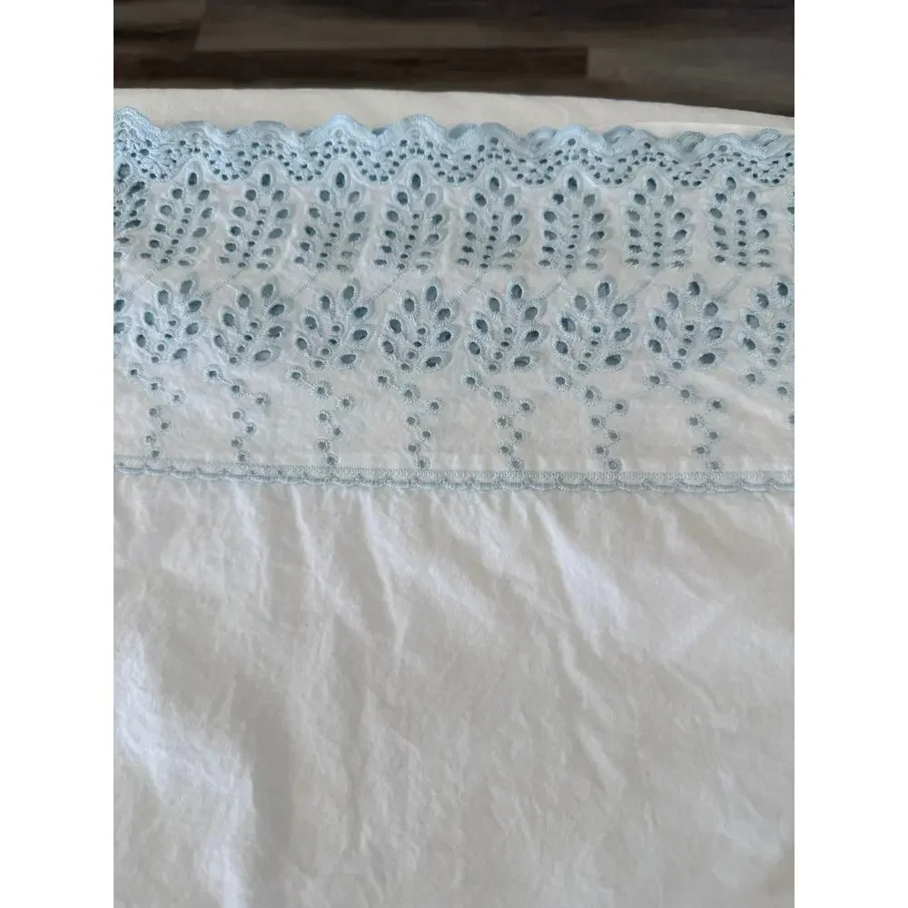 Rachel Ashwell Shabby Chic Queen Flat Sheet Blue Eyelet Lace Cotton Cottage